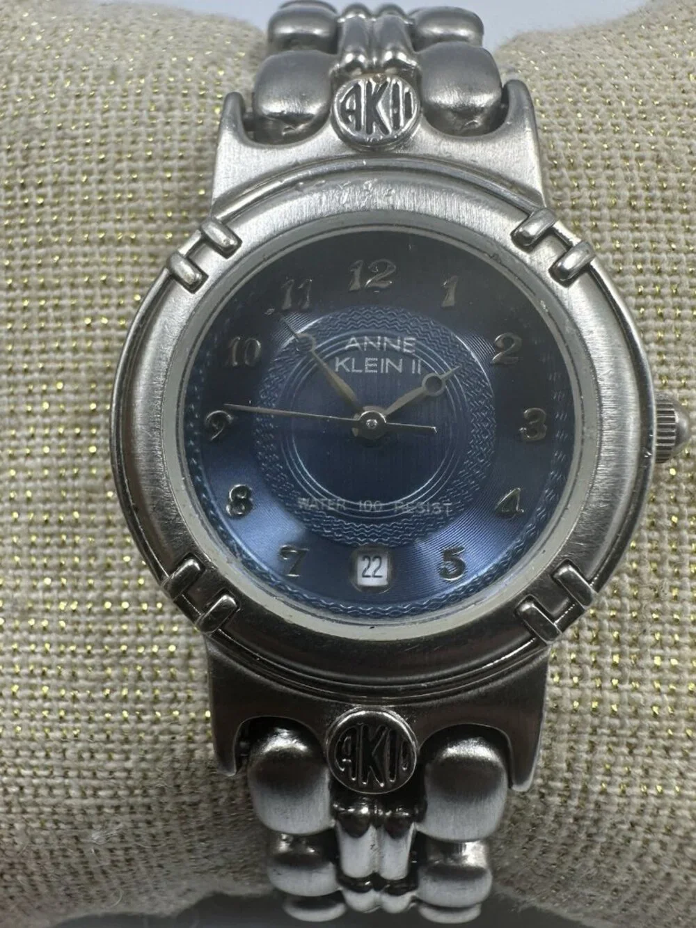 3/$30 Anne Klein Watch Silver Tone Blue Dial Date Window New Battery 6.75